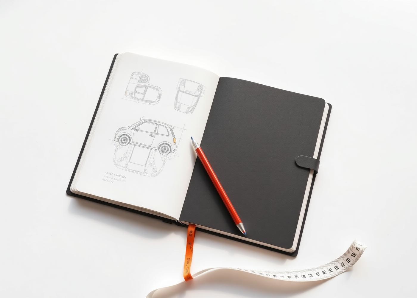 Notebook with hand-drawn car storage layout sketches