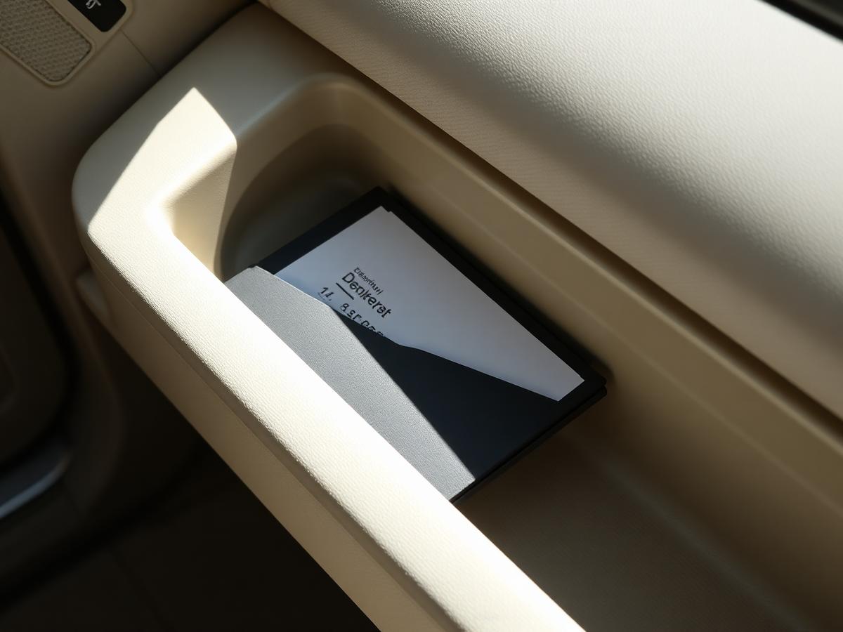 Slim document folder resting in a car glove box compartment