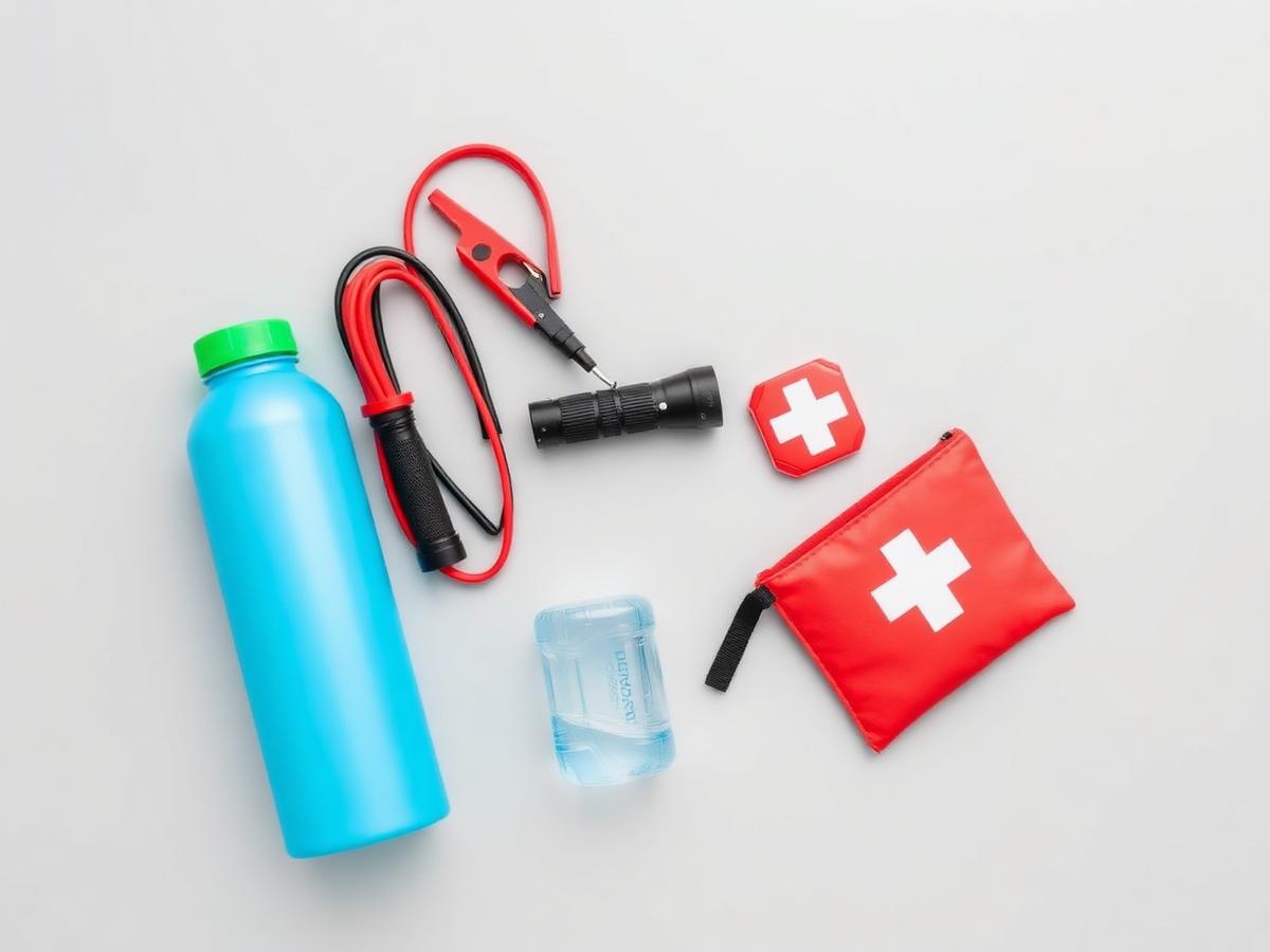 Flat lay of a compact car emergency kit on a light gray surface