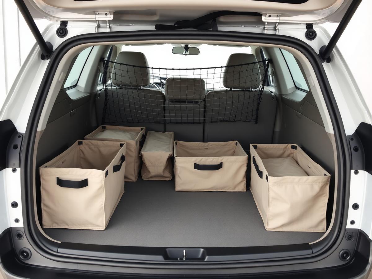 Car trunk organized with collapsible fabric bins and a cargo net