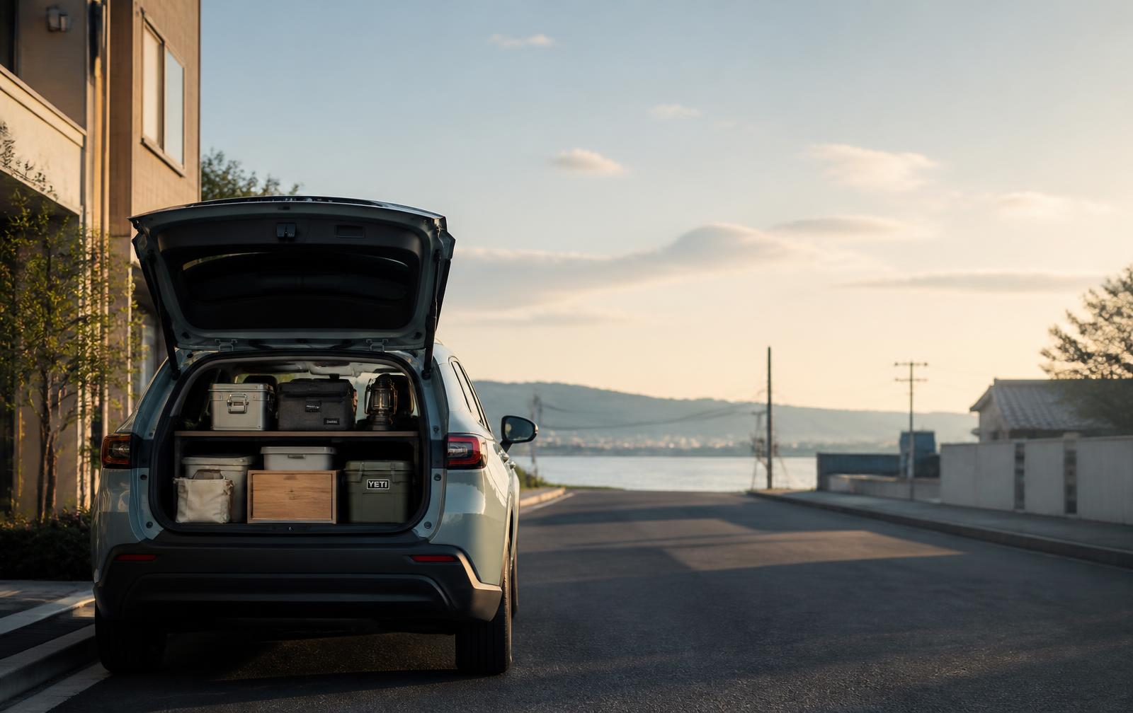 Car parked at golden hour with a neatly packed trunk